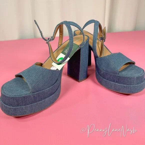 Wild Fable Chunky Block High Heels Denim Sandal Size10 Blue - Picture 5 of 11